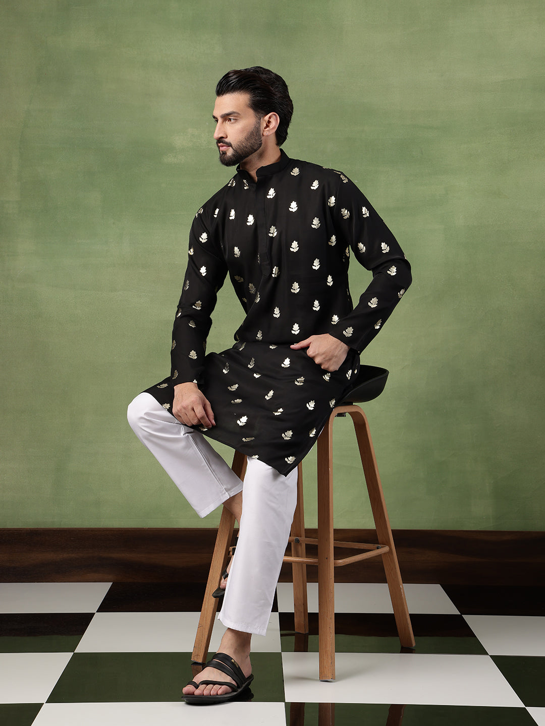 Men's Cotton Golden Floral Motif Print Black Kurta With White Pyjama
