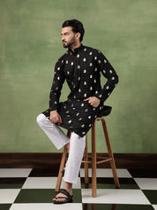 Men's Cotton Golden Floral Motif Print Black Kurta With White Pyjama