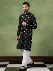 Men's Cotton Golden Floral Motif Print Black Kurta With White Pyjama