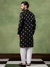 Men's Cotton Golden Floral Motif Print Black Kurta With White Pyjama