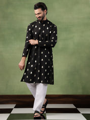 Men's Cotton Golden Floral Motif Print Black Kurta With White Pyjama
