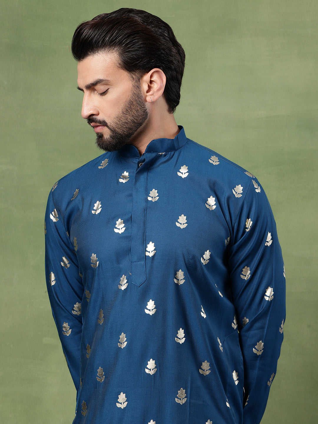 Men's Cotton Blue Long Kurta with Golden Floral Motif Print
