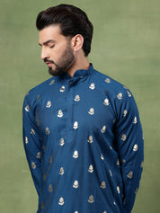 Men's Cotton Blue Long Kurta with Golden Floral Motif Print
