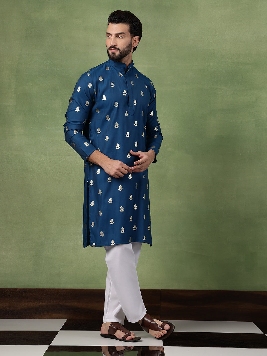 Men's Cotton Blue Long Kurta with Golden Floral Motif Print