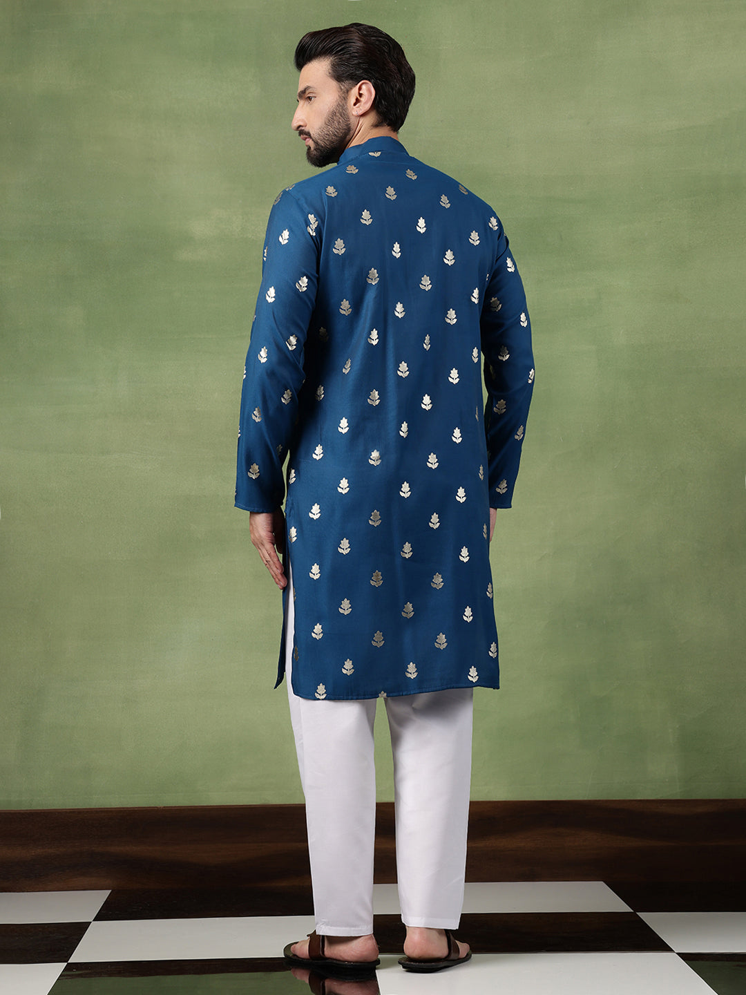 Men's Cotton Blue Long Kurta with Golden Floral Motif Print