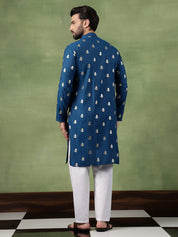Men's Cotton Blue Long Kurta with Golden Floral Motif Print