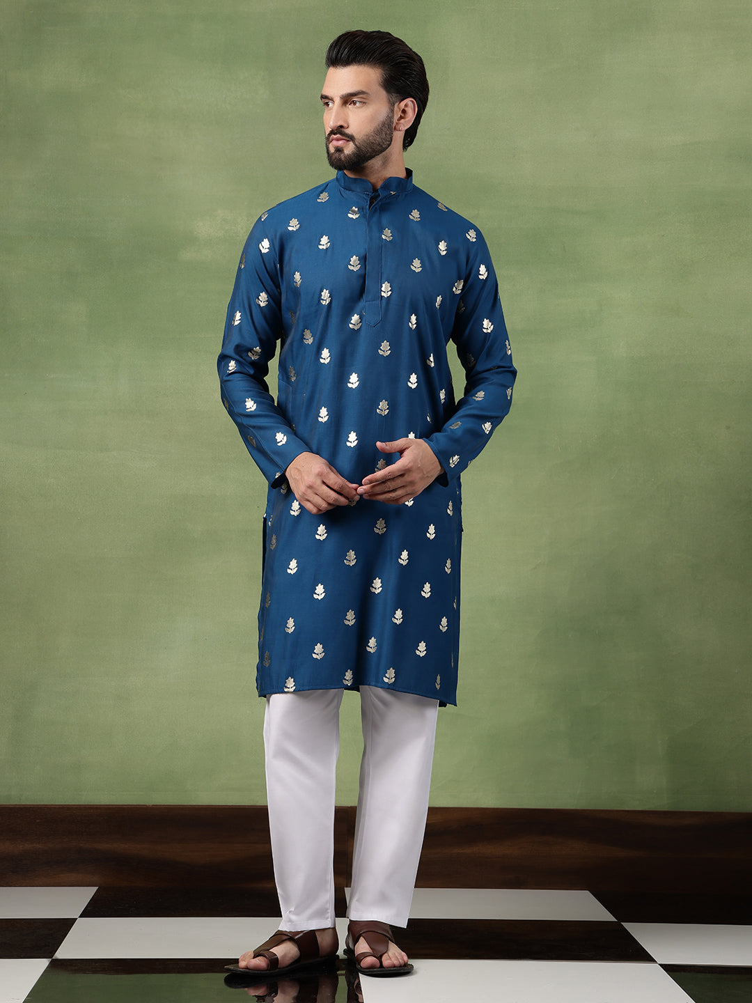 Men's Cotton Blue Long Kurta with Golden Floral Motif Print