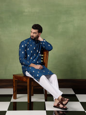 Men's Cotton Blue Long Kurta with Golden Floral Motif Print
