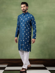 Men's Cotton Golden Floral Motif Print Blue Kurta With White Pyjama