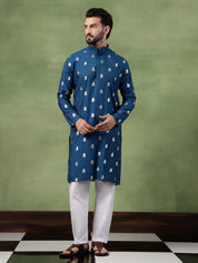Men's Cotton Golden Floral Motif Print Blue Kurta With White Pyjama