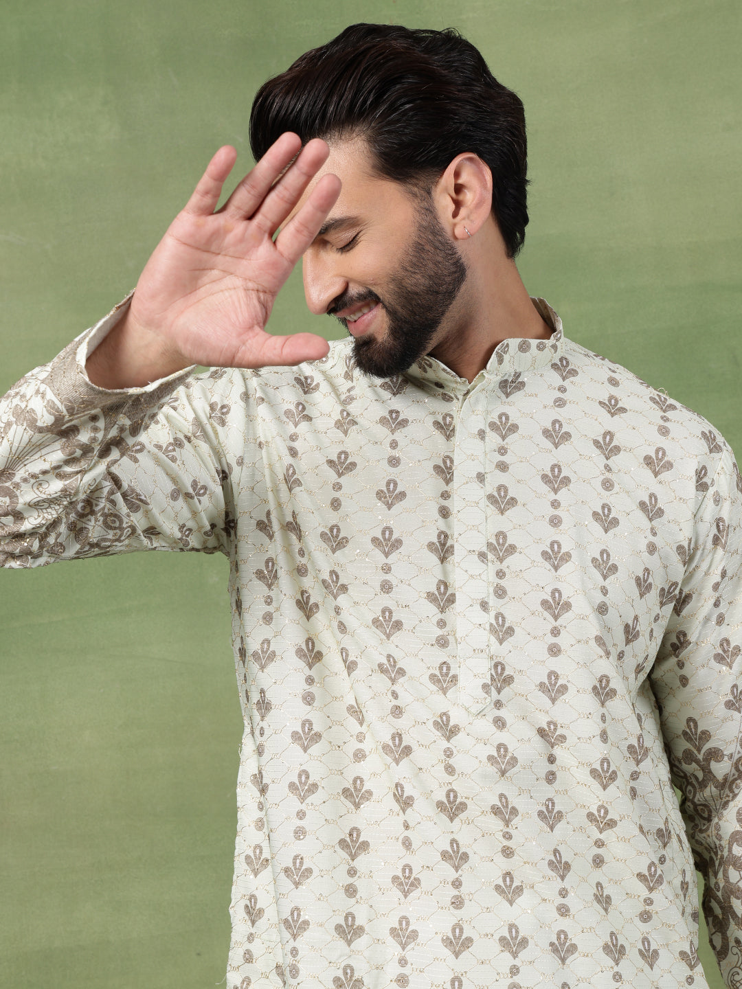 Men's Cotton Krochet Zari Embroidered Light Green Long Kurta