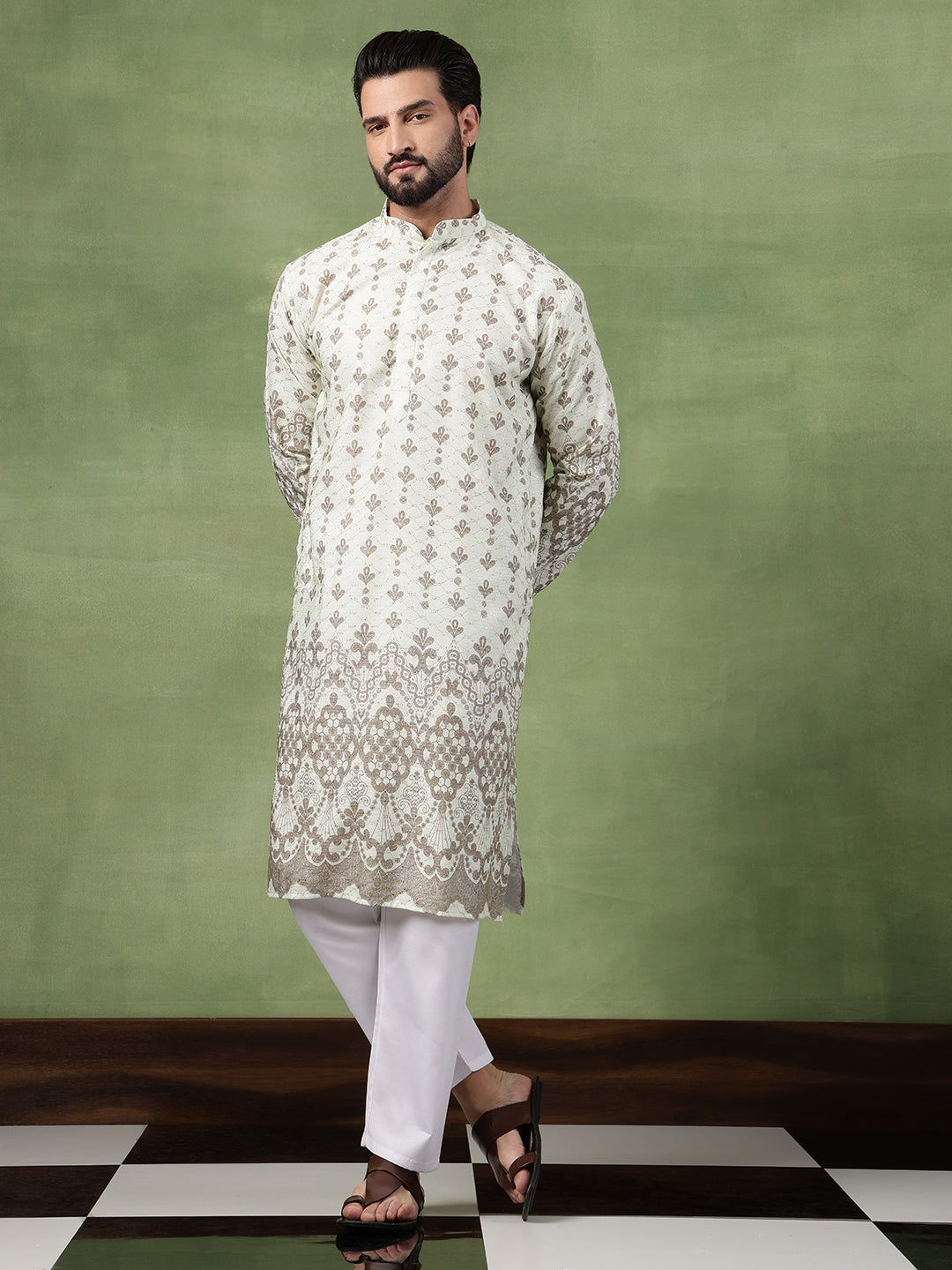 Men's Cotton Krochet Zari Embroidered Light Green Long Kurta