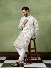Men's Cotton Krochet Zari Embroidered Light Green Kurta With Pyjama