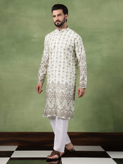 Men's Cotton Krochet Zari Embroidered Light Green Kurta With Pyjama