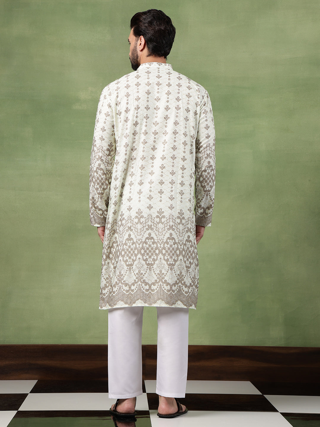 Men's Cotton Krochet Zari Embroidered Light Green Kurta With Pyjama