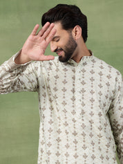 Men's Cotton Krochet Zari Embroidered Light Green Kurta With Pyjama