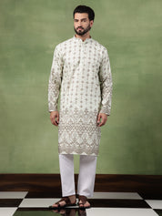Men's Cotton Krochet Zari Embroidered Light Green Kurta With Pyjama