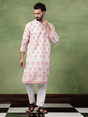 Men's Cotton Krochet Zari Embroidered Pink Long Kurta