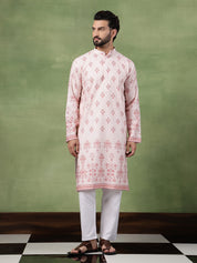 Men's Cotton Krochet Zari Embroidered Pink Long Kurta