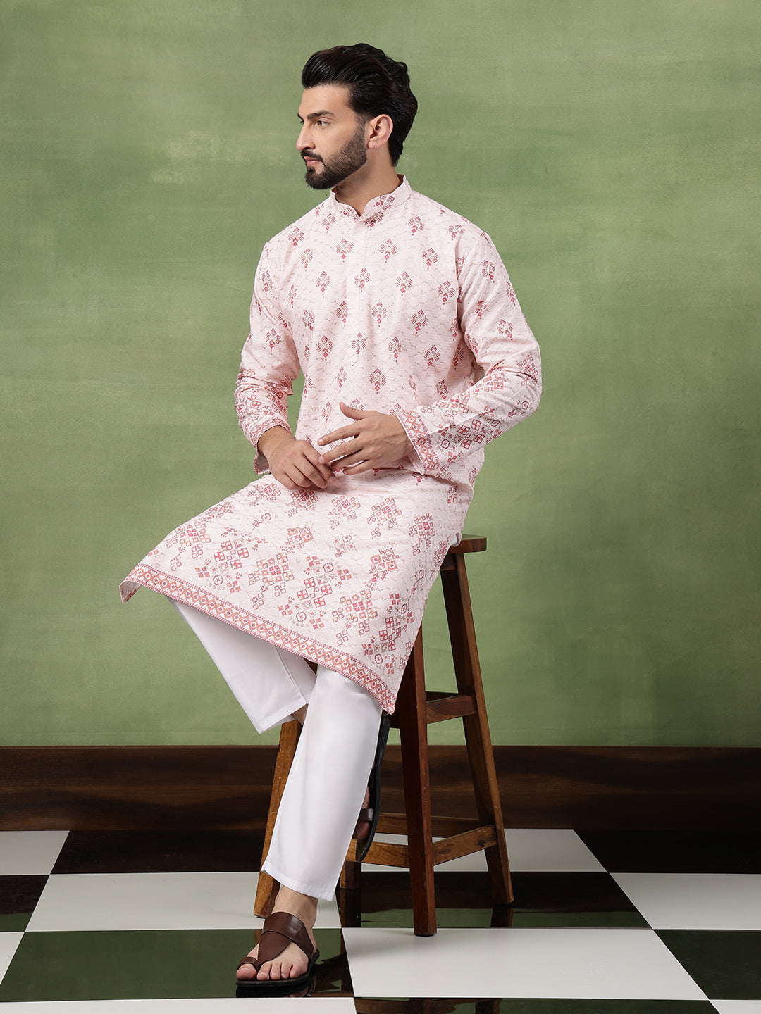 Men's Cotton Krochet Zari Embroidered Pink Kurta With Pyjama
