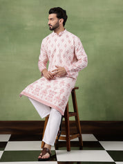 Men's Cotton Krochet Zari Embroidered Pink Kurta With Pyjama