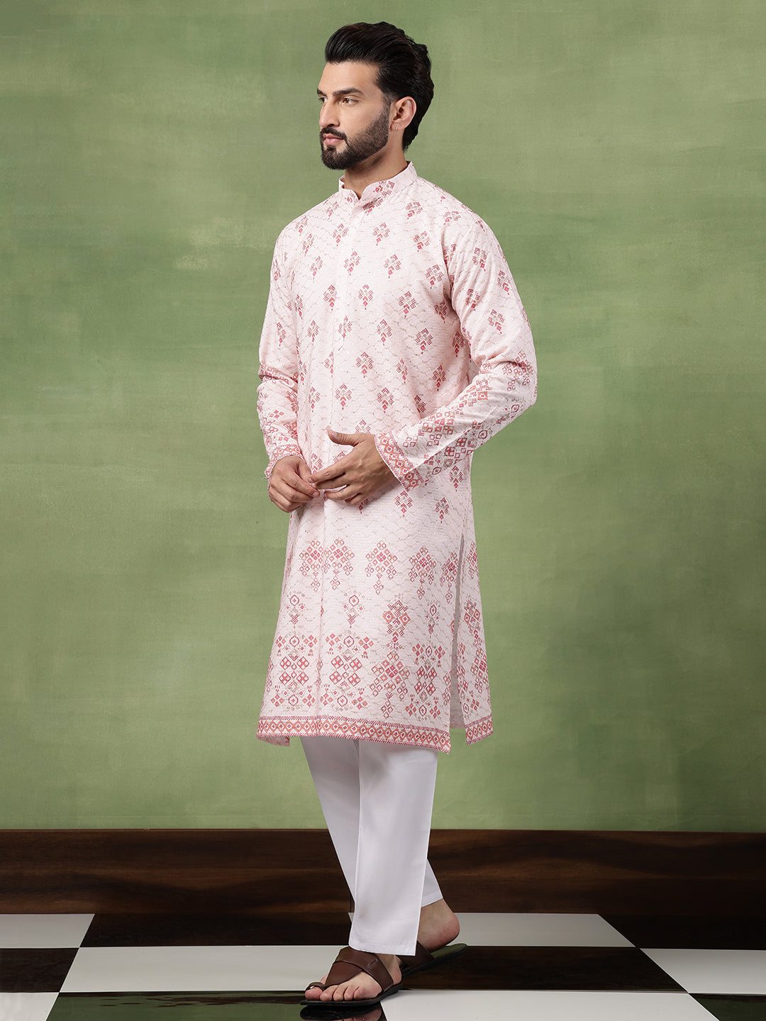 Men's Cotton Krochet Zari Embroidered Pink Kurta With Pyjama