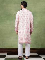 Men's Cotton Krochet Zari Embroidered Pink Kurta With Pyjama