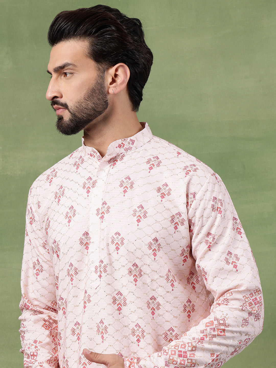 Men's Cotton Krochet Zari Embroidered Pink Kurta With Pyjama