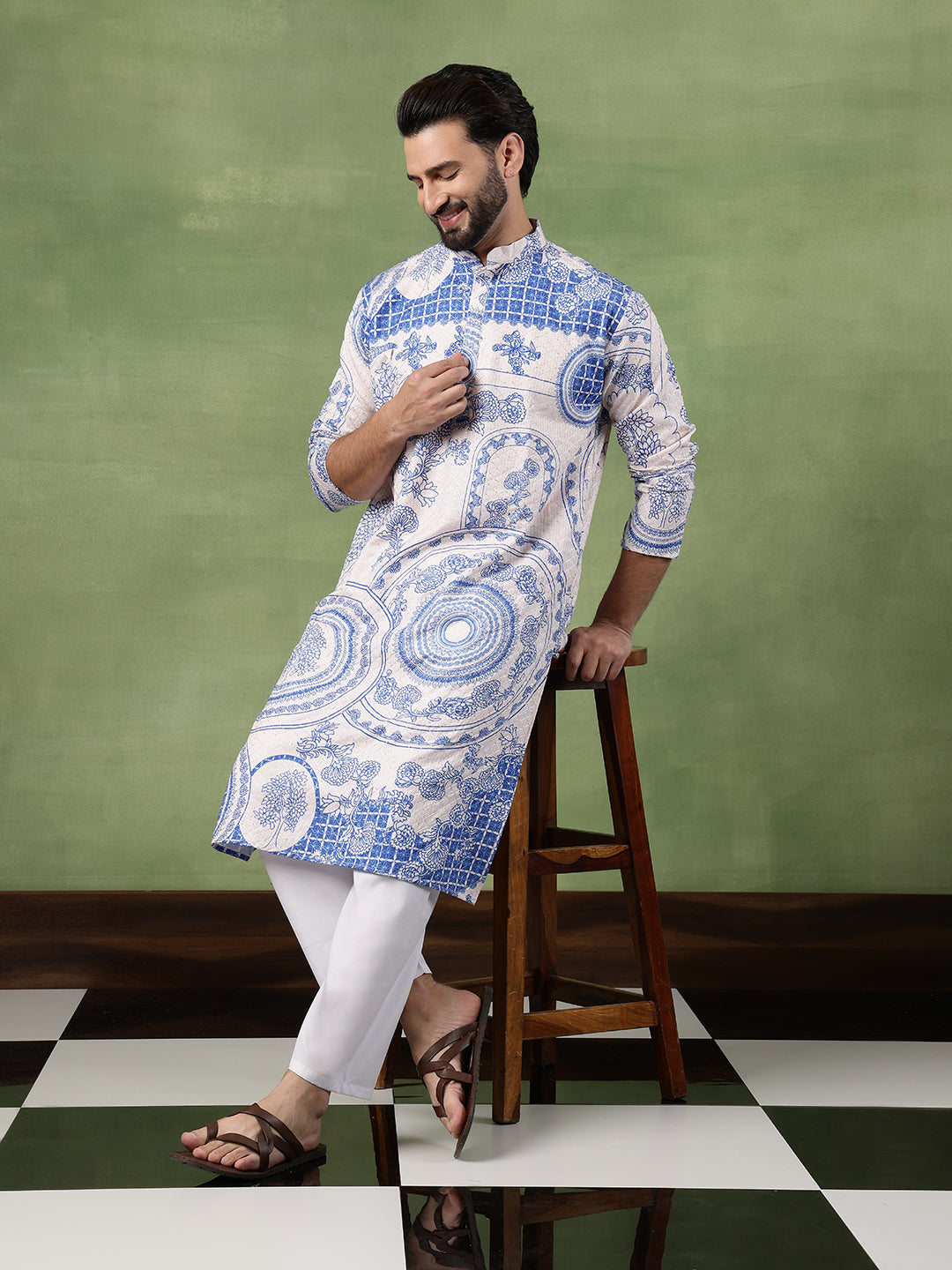 Men's Cotton Krochet Zari Embroidered Blue & Cream Kurta With Pyjama