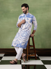 Men's Cotton Krochet Zari Embroidered Blue & Cream Kurta With Pyjama