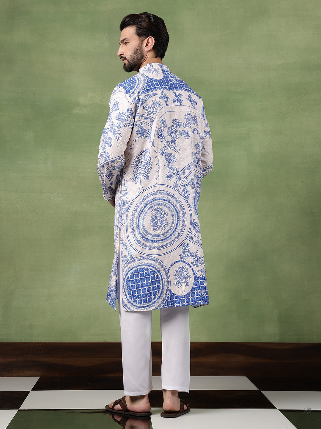 Men's Cotton Krochet Zari Embroidered Blue & Cream Kurta With Pyjama
