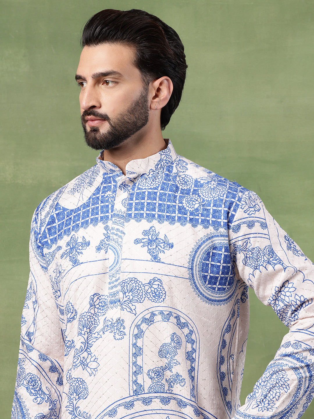 Men's Cotton Krochet Zari Embroidered Blue & Cream Kurta With Pyjama