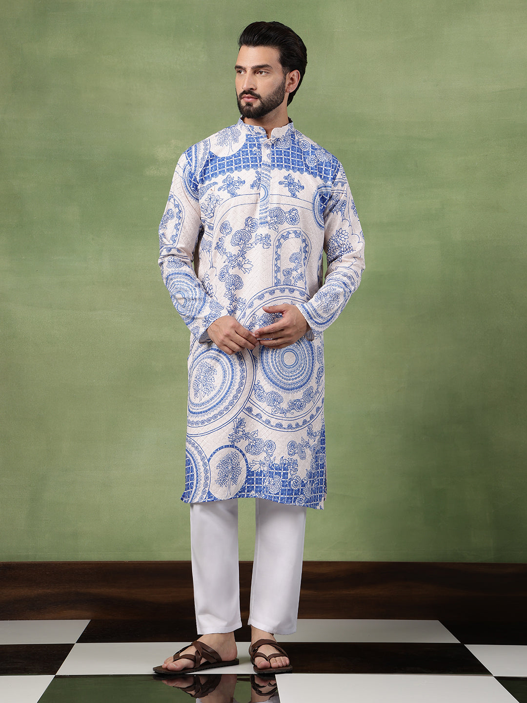 Men's Cotton Krochet Zari Embroidered Blue & Cream Kurta With Pyjama