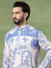 Men's Cotton Krochet Zari Embroidered Blue & Cream Long Kurta