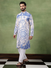 Men's Cotton Krochet Zari Embroidered Blue & Cream Long Kurta