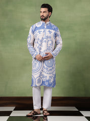 Men's Cotton Krochet Zari Embroidered Blue & Cream Long Kurta