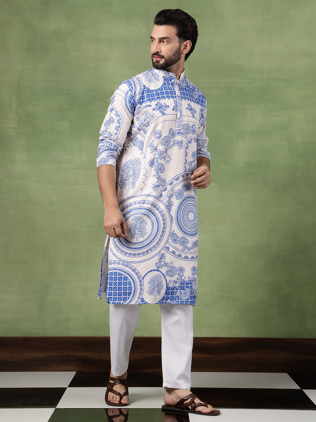Men's Cotton Krochet Zari Embroidered Blue & Cream Long Kurta