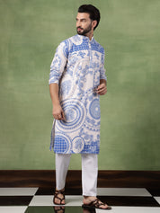 Men's Cotton Krochet Zari Embroidered Blue & Cream Long Kurta
