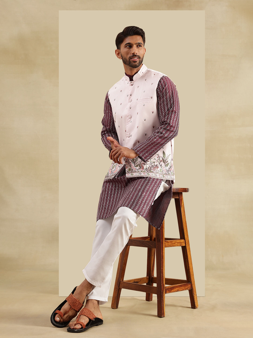 Men's Silk Blend Wine Kurta & White Pyjama With Daman Embroidered Pink Nehru Jacket