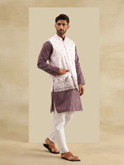 Men's Silk Blend Wine Kurta & White Pyjama With Daman Embroidered Pink Nehru Jacket