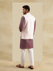 Men's Silk Blend Wine Kurta & White Pyjama With Daman Embroidered Pink Nehru Jacket