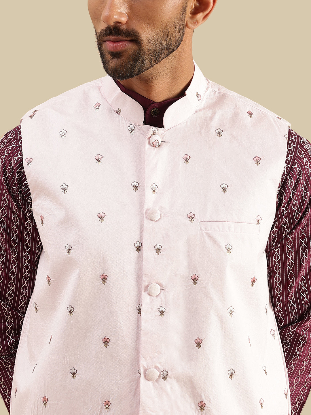 Men's Silk Blend Wine Kurta & White Pyjama With Daman Embroidered Pink Nehru Jacket