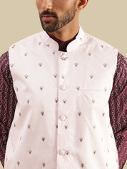 Men's Silk Blend Wine Kurta & White Pyjama With Daman Embroidered Pink Nehru Jacket