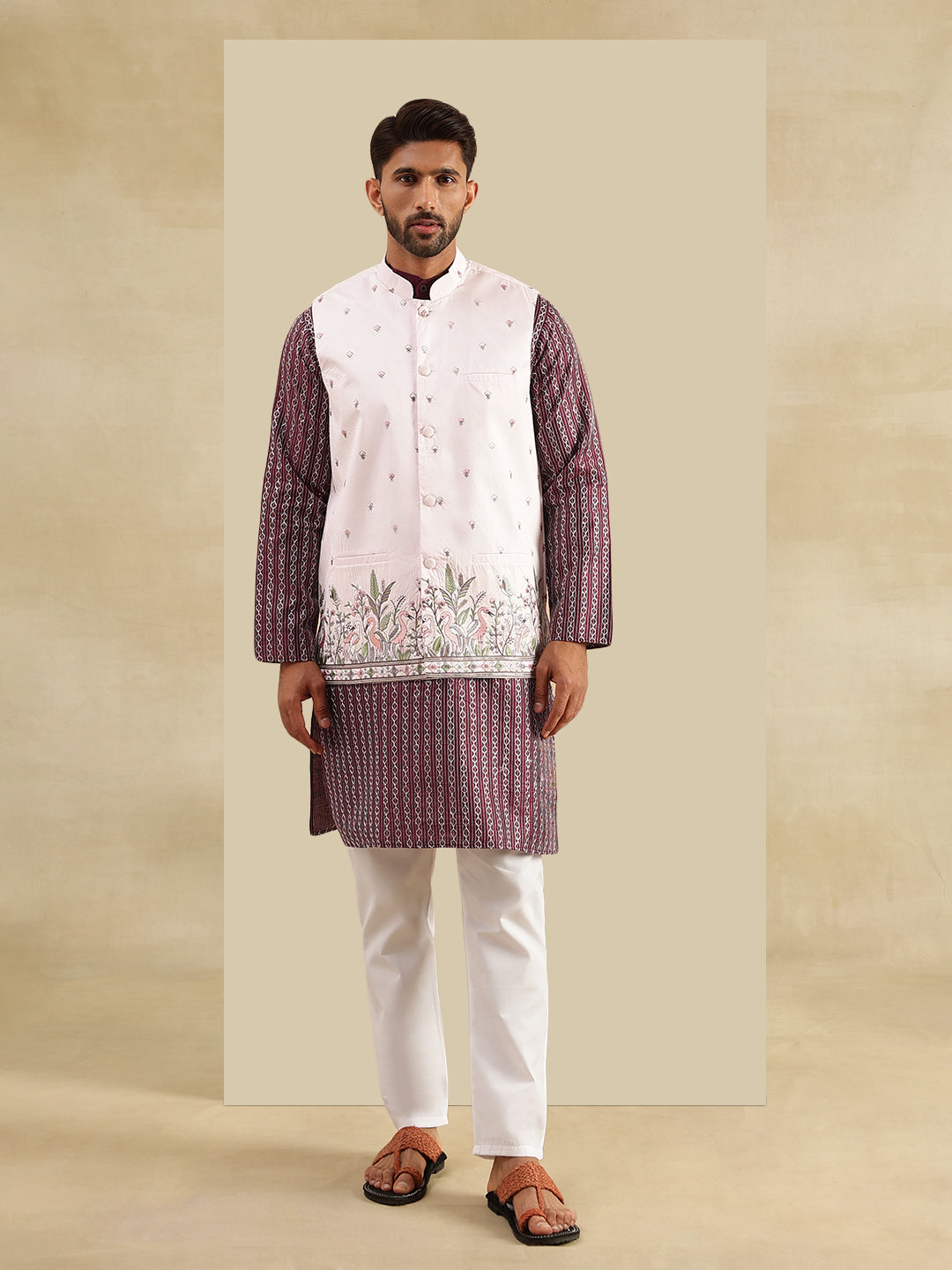 Men's Silk Blend Wine Kurta & White Pyjama With Daman Embroidered Pink Nehru Jacket