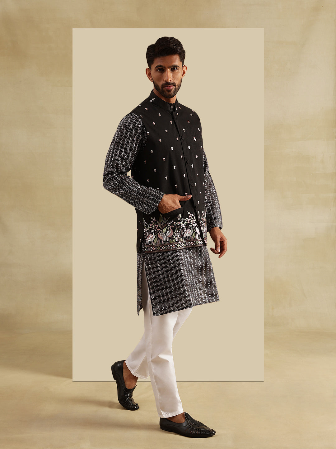 Men's Silk Blend Black Kurta and White Pyjama With Daman Embroidered Black Nehru Jacket