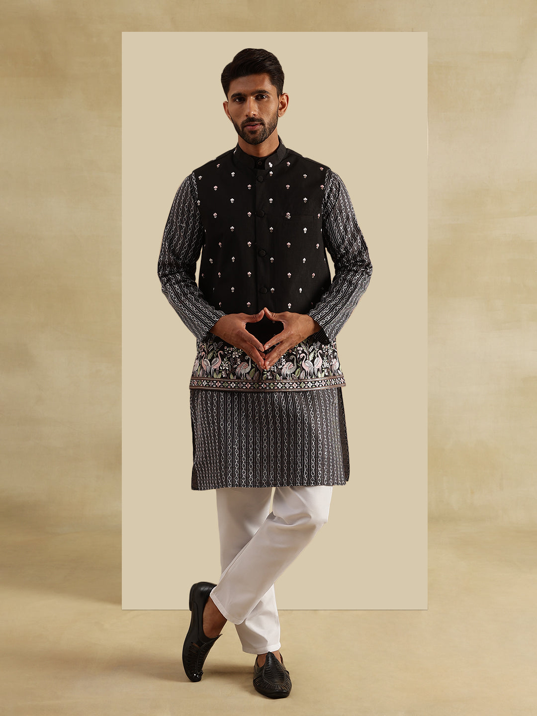 Men's Silk Blend Black Kurta and White Pyjama With Daman Embroidered Black Nehru Jacket