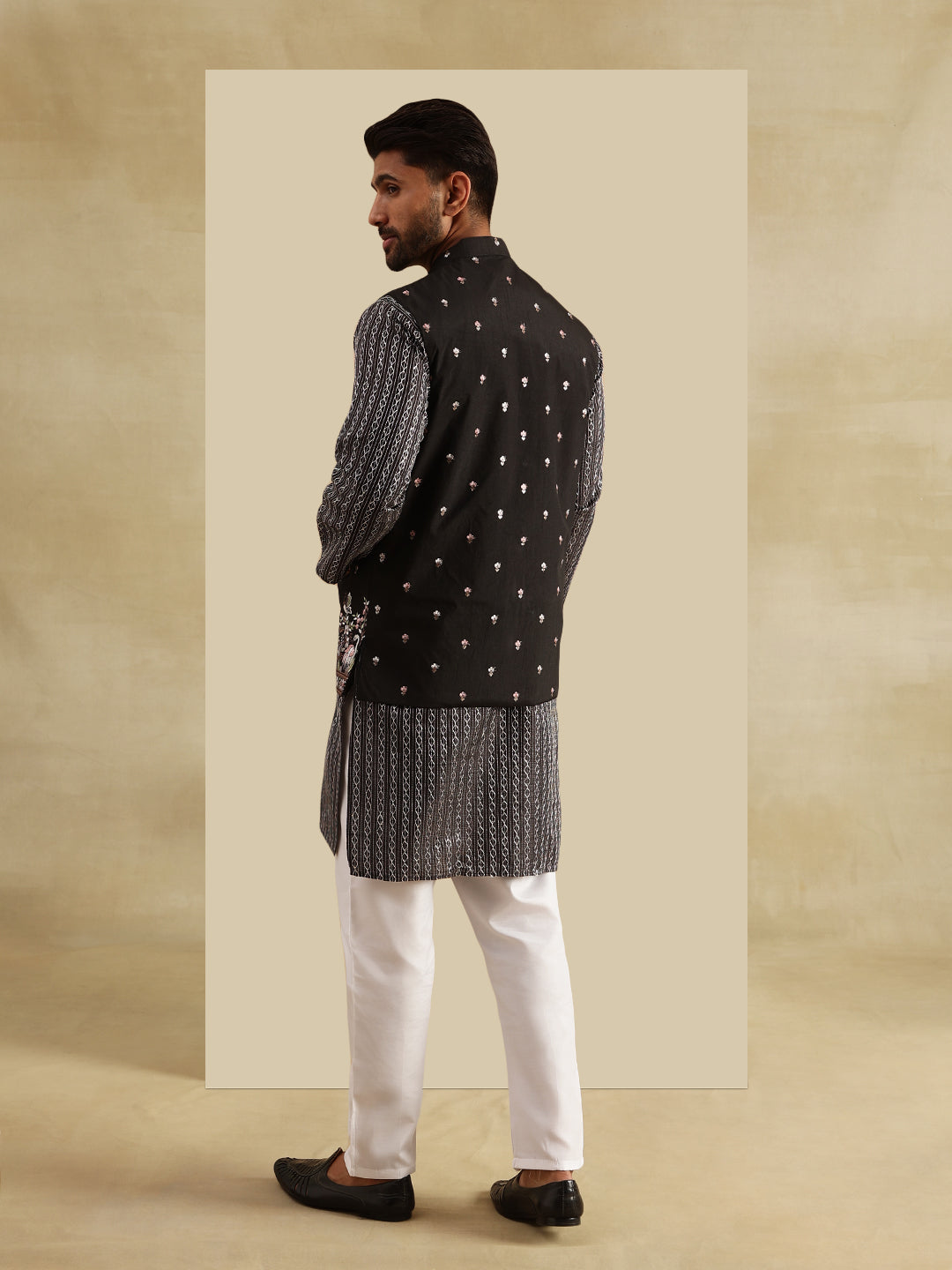Men's Silk Blend Black Kurta and White Pyjama With Daman Embroidered Black Nehru Jacket