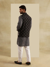 Men's Silk Blend Black Kurta and White Pyjama With Daman Embroidered Black Nehru Jacket
