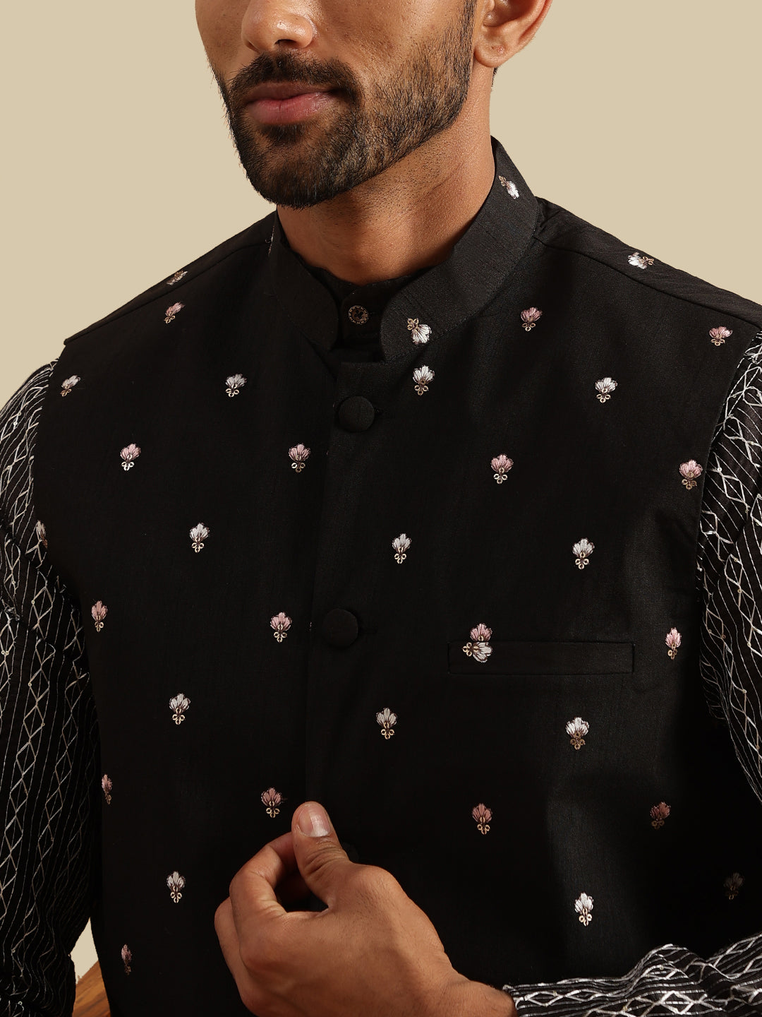 Men's Silk Blend Black Kurta and White Pyjama With Daman Embroidered Black Nehru Jacket
