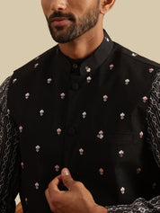 Men's Silk Blend Black Kurta and White Pyjama With Daman Embroidered Black Nehru Jacket